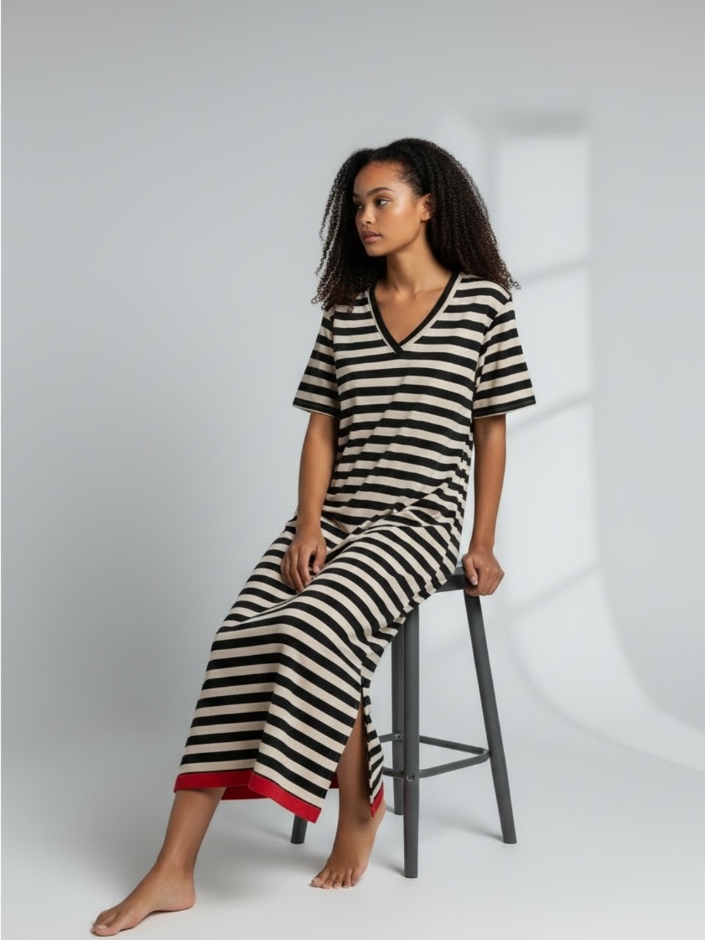 Striped V-Neck Maxi Dress with Red Hem